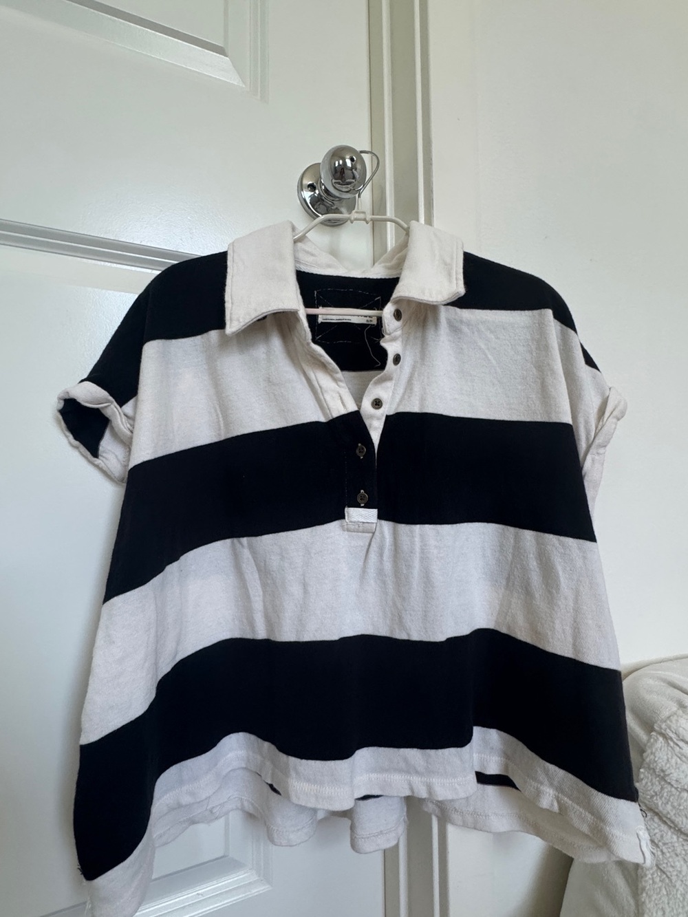 Free People Men's Black & White Striped Polo